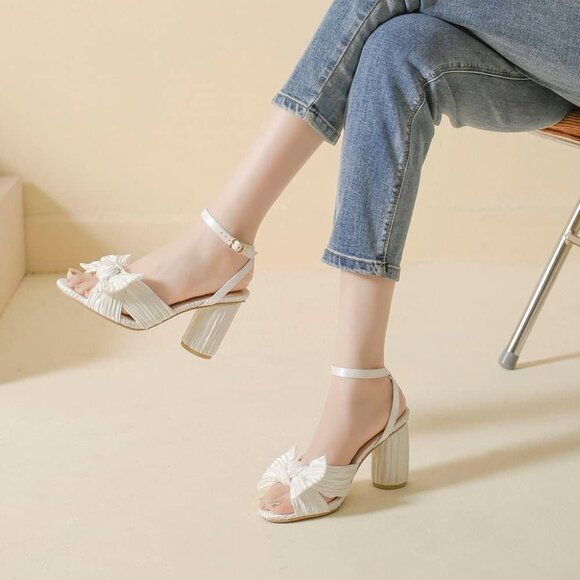 🆕Women White Ankle Strap Bowknot Chunky Wedding Party Dress Shoes Heeled Sandal - Picture 7 of 8